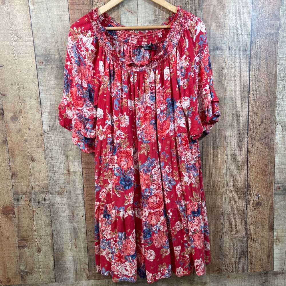 Angie Floral Smocked Tiered Babydoll Dress Plus Size 1X Red Rayon Boho Mini